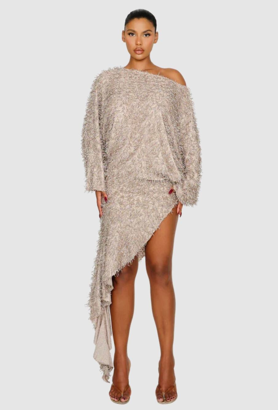 COUCOO Danakil Asymmetric Dress Womens Small Electric Eel Shaggy Off Shoulder